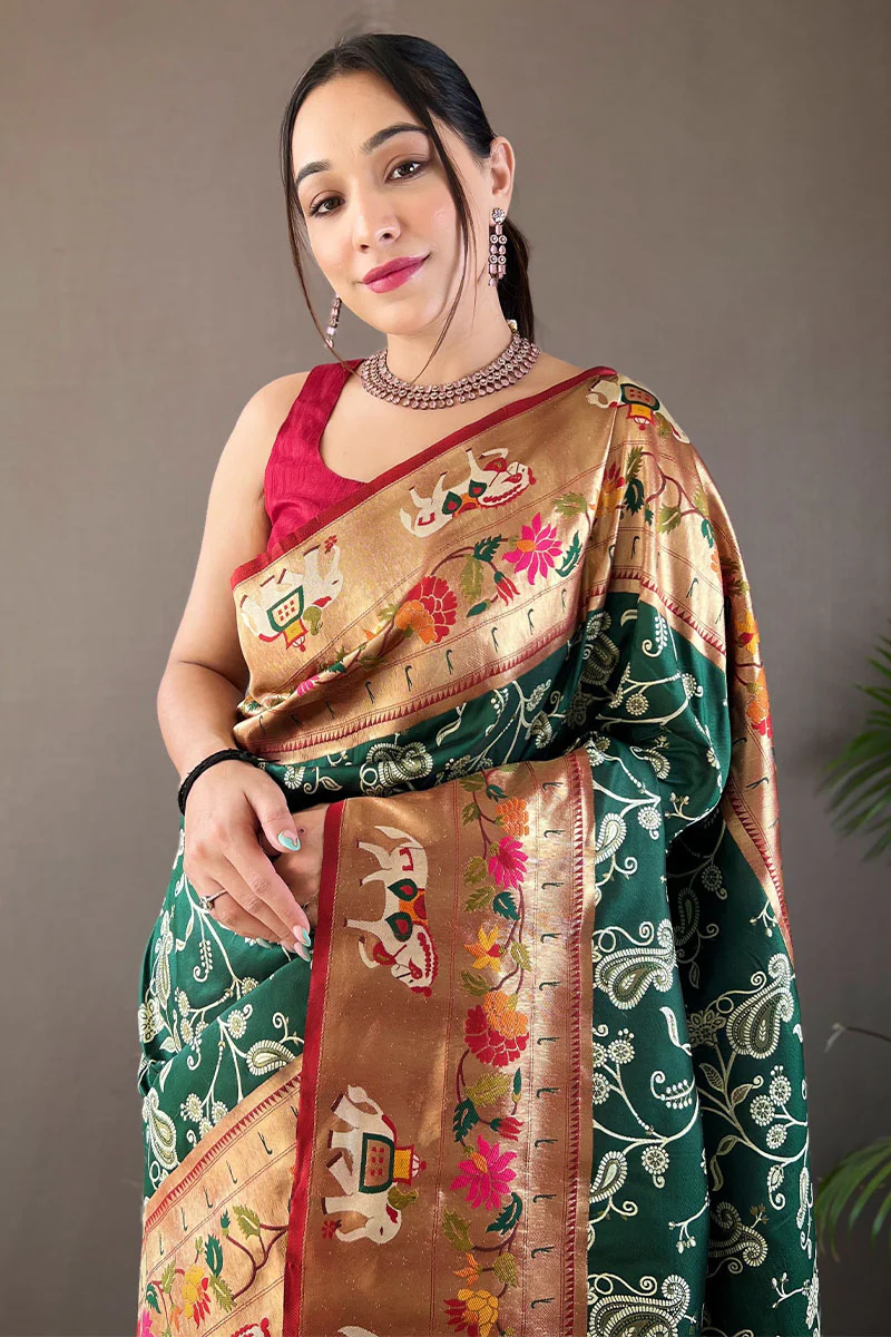 Ornate Dark Green Paithani Silk Saree With Enamoring Blouse Piece - Image 2