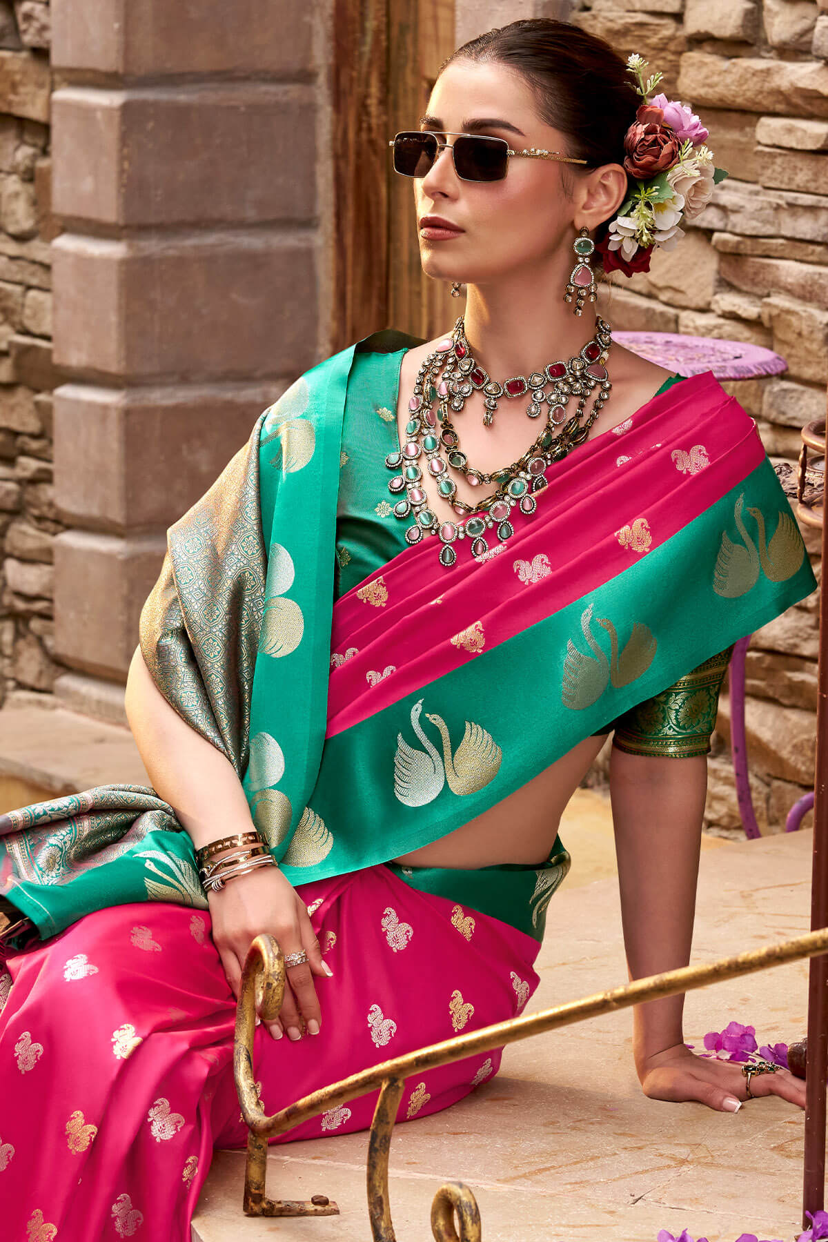 Ornate Dark Pink Banarasi Satin Silk Saree With Unique Blouse - Image 2