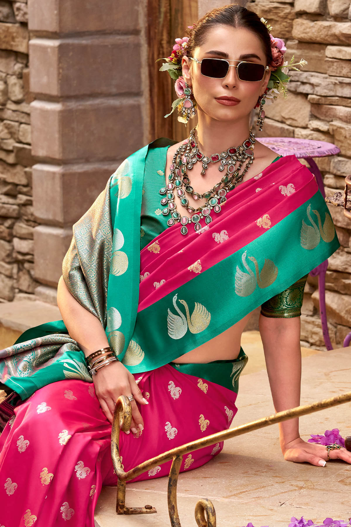 Ornate Dark Pink Banarasi Satin Silk Saree With Unique Blouse - Image 4