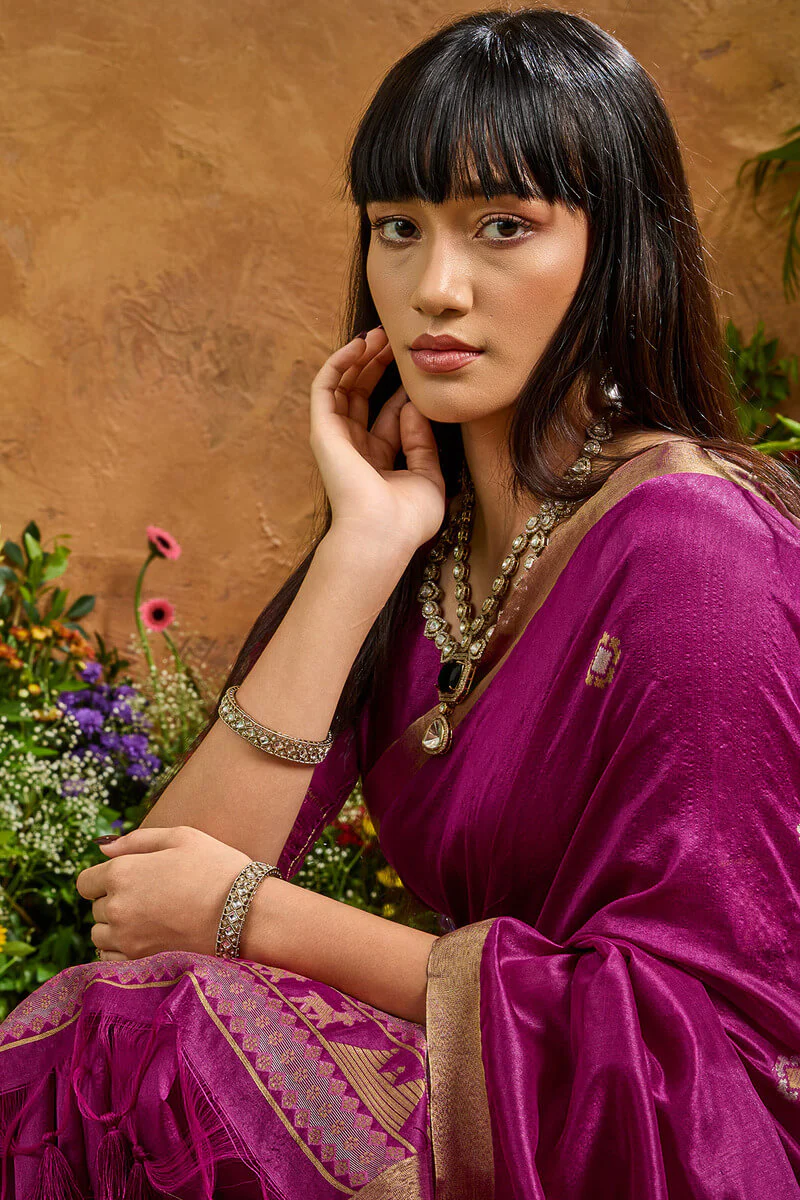 Ornate Purple Banarasi Tussar Silk Saree With Comely Blouse Piece - Image 2