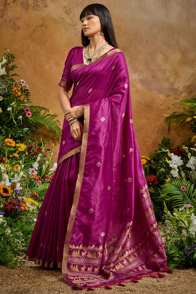 Ornate Purple Banarasi Tussar Silk Saree With Comely Blouse Piece - Image 3