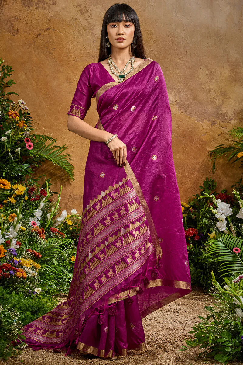 Ornate Purple Banarasi Tussar Silk Saree With Comely Blouse Piece - Image 5