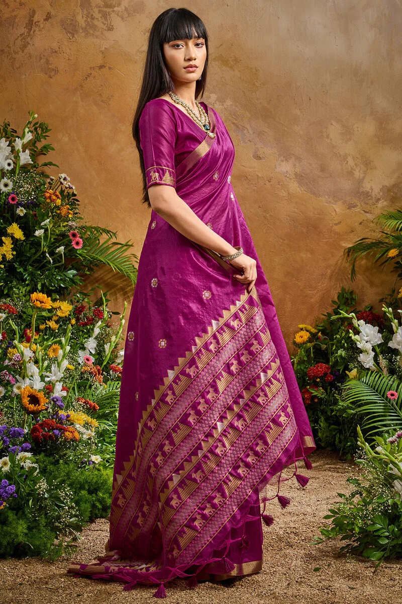 Ornate Purple Banarasi Tussar Silk Saree With Comely Blouse Piece - Image 6