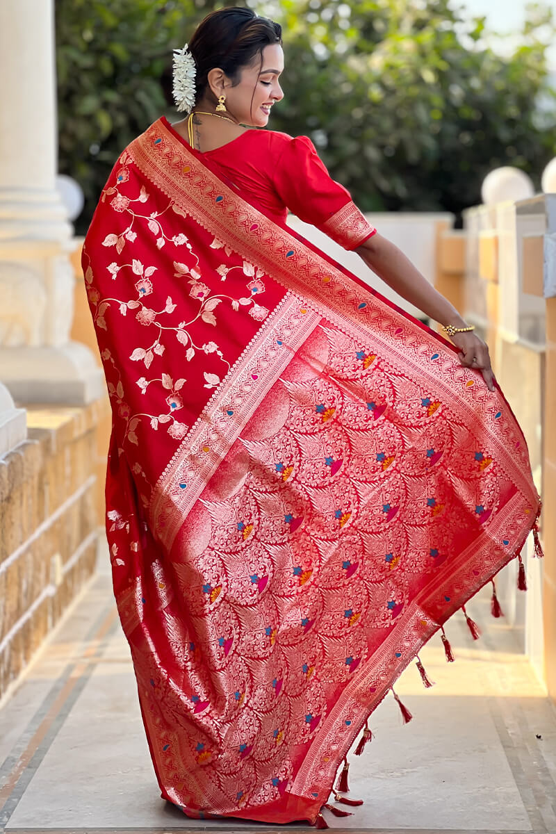 Ornate Red Soft Banarasi Silk Saree With Ephemeral Blouse Piece - Image 6