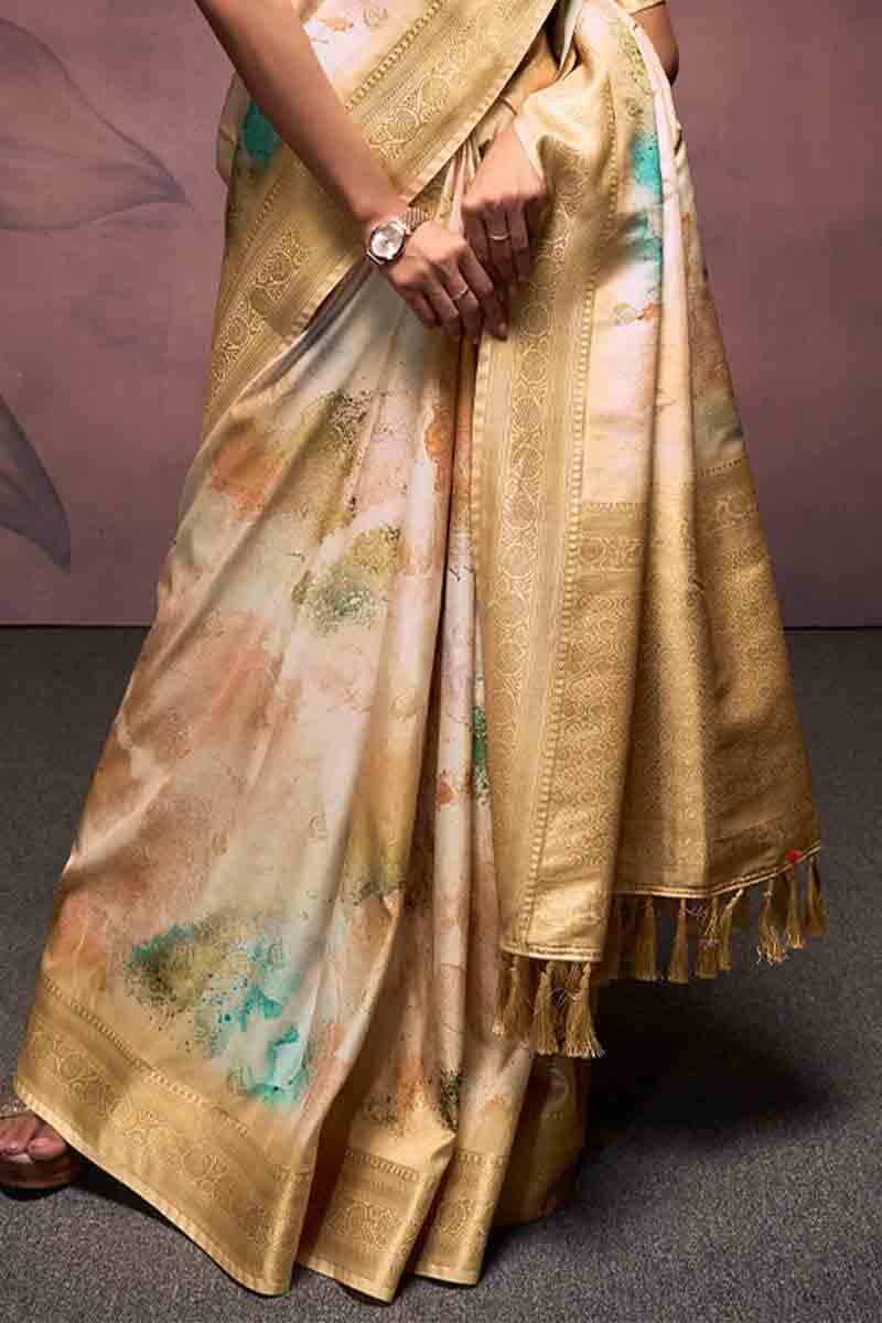 Outstanding Beige Digital Printed Soft Silk Saree With Jazzy Blouse Piece - Image 3
