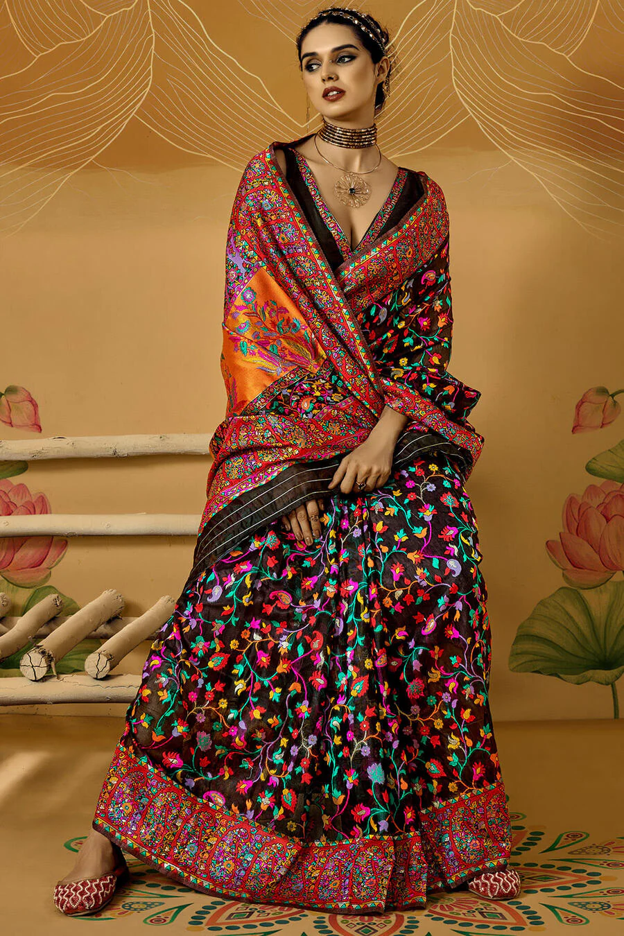 Outstanding Black Pashmina Saree With Pleasurable Blouse Piece - Image 3