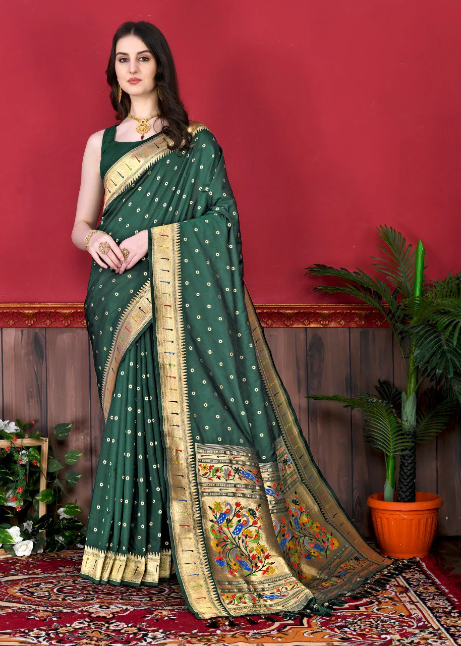 Outstanding Dark Green Paithani Silk Saree With Ethnic Blouse Piece - Image 3