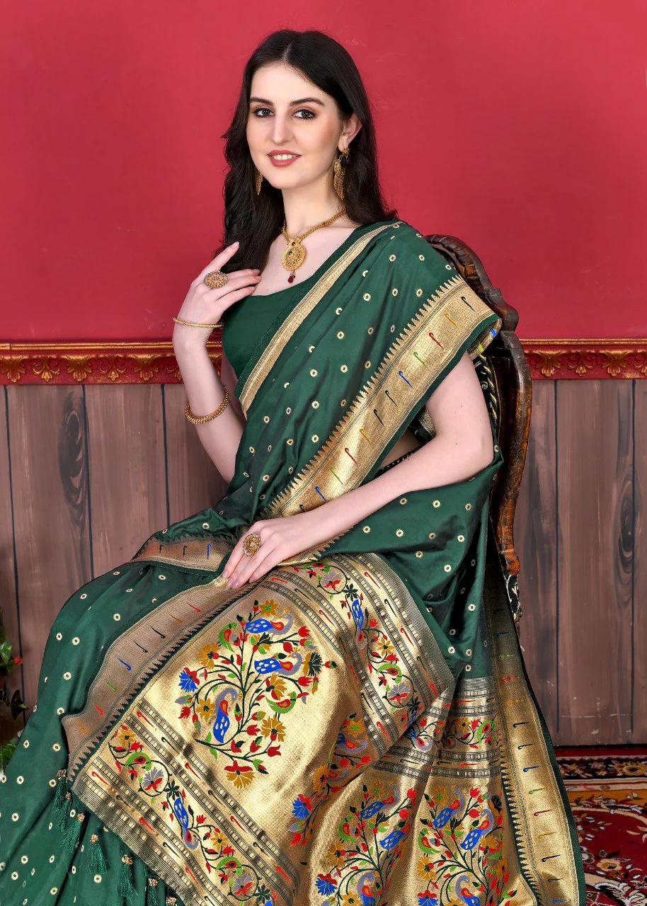 Outstanding Dark Green Paithani Silk Saree With Ethnic Blouse Piece - Image 4