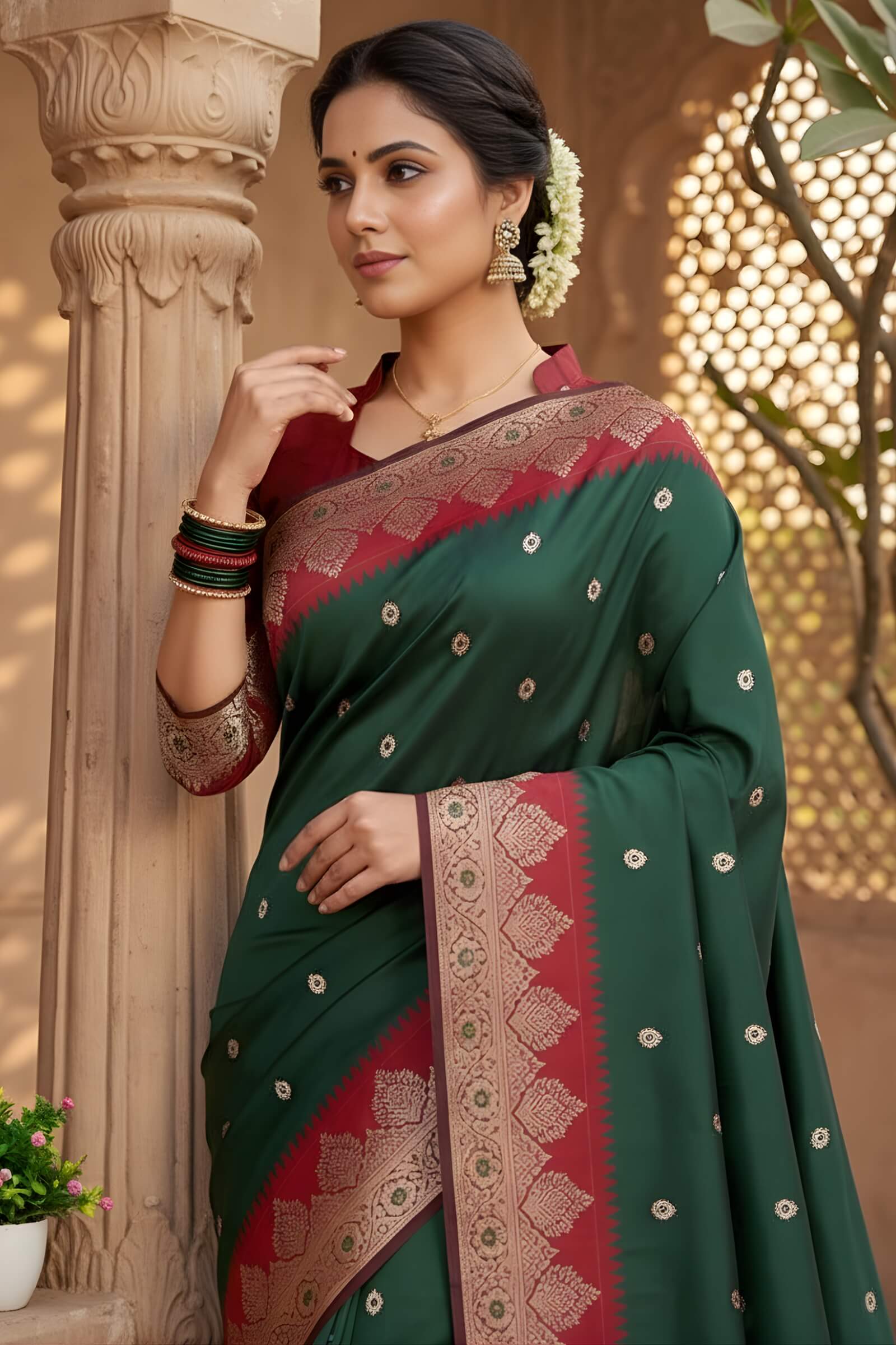 Outstanding Dark Green Pure Zari Weaving Banarasi Silk Saree With Eloquence Blouse Piece - Image 2