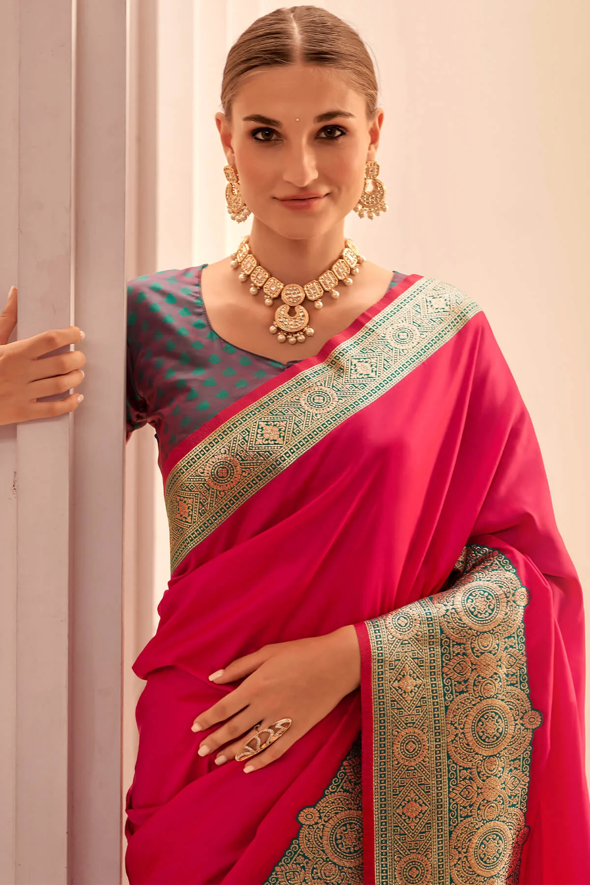 Outstanding Dark Pink Soft Banarasi Silk Saree With Desultory Blouse Piece - Image 2