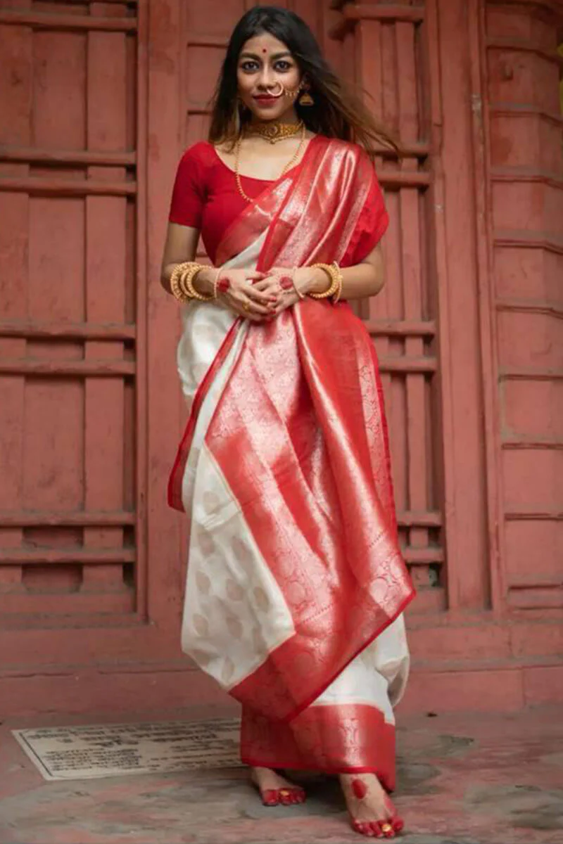Outstanding Off White Soft Silk Saree With Twirling Blouse Piece - Image 3