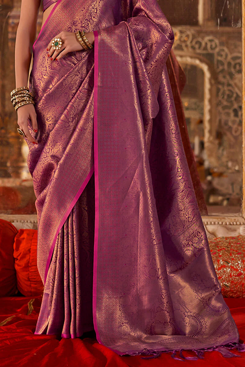 Outstanding Purple Kanjivaram Silk Saree With Devastating Blouse Piece - Image 3