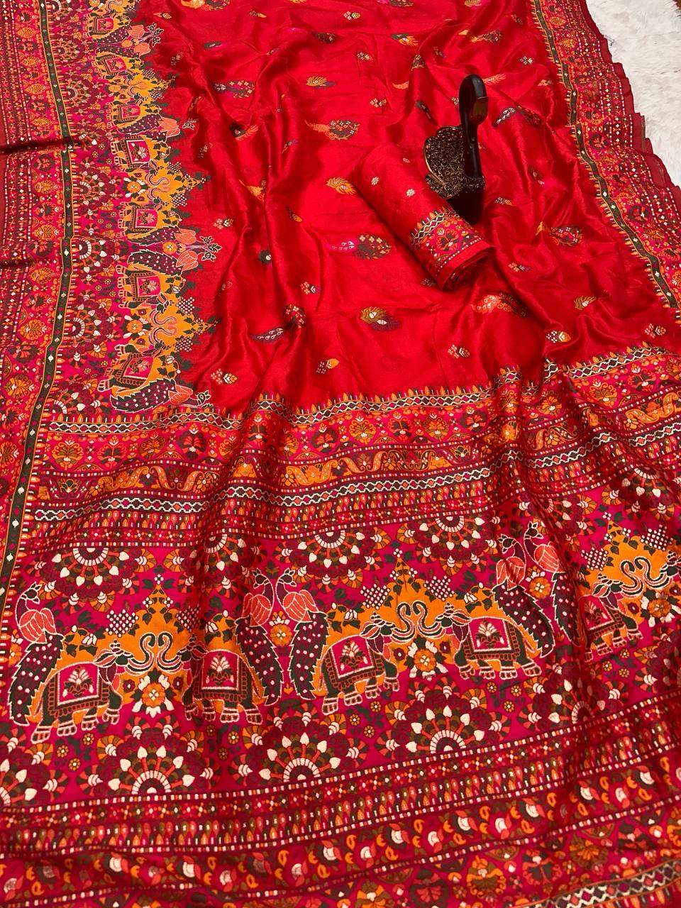 Outstanding Red Pashmina Saree With Majesty Blouse Piece - Image 3