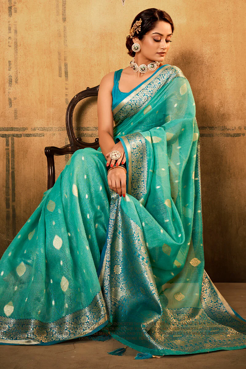 Outstanding Sea Green Soft Banarasi Silk Saree With Appealing Blouse Piece - Image 3