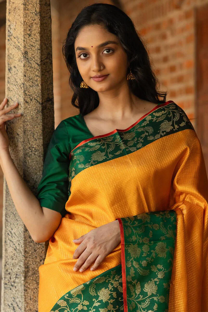 Outstanding Yellow Soft Silk Saree With Flattering Blouse Piece - Image 2