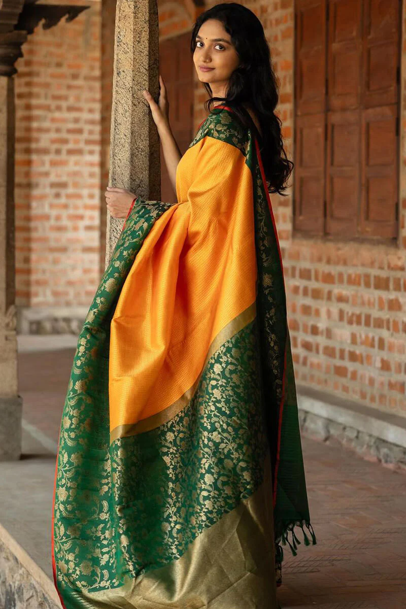 Outstanding Yellow Soft Silk Saree With Flattering Blouse Piece - Image 3