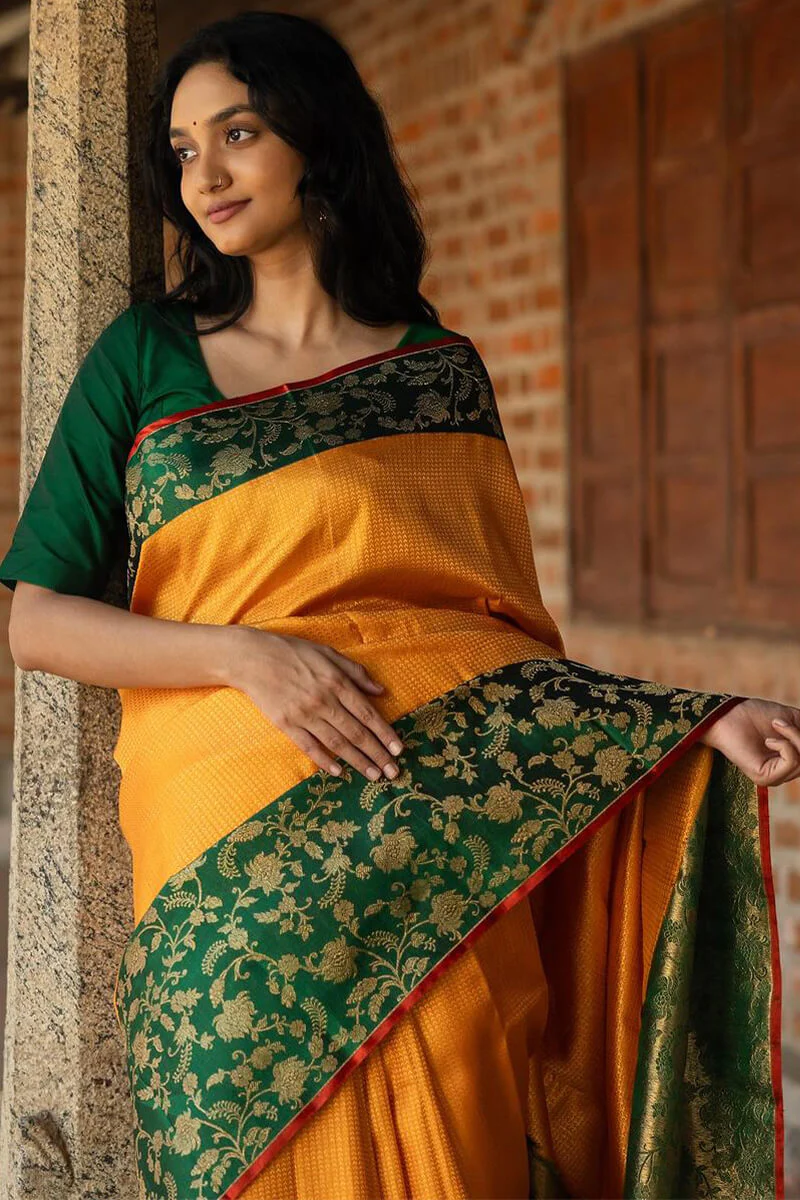 Outstanding Yellow Soft Silk Saree With Flattering Blouse Piece - Image 4