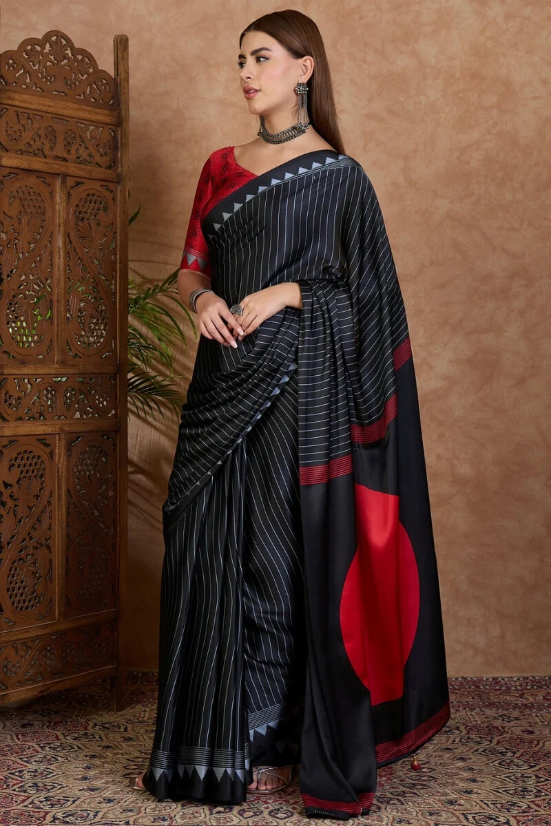 Palimpsest Black Ajrakh Printed Semi Modal Silk Saree With Lovely Blouse Piece - Image 5