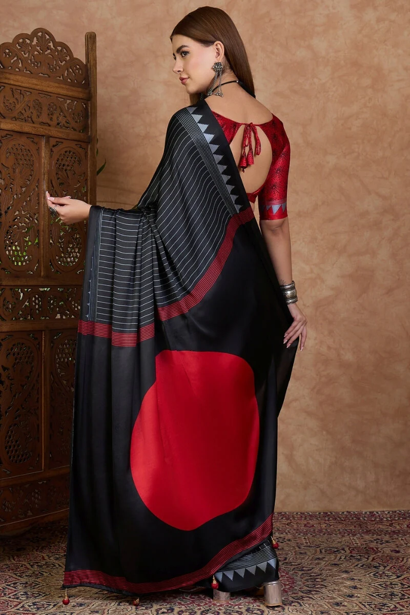 Palimpsest Black Ajrakh Printed Semi Modal Silk Saree With Lovely Blouse Piece - Image 7