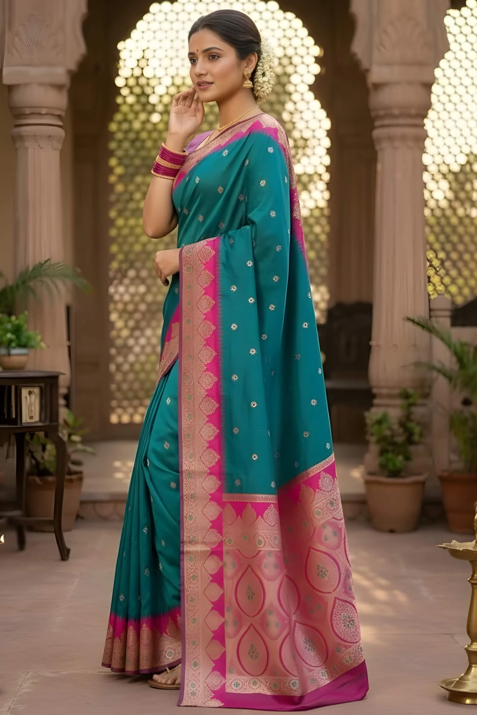 Palimpsest Firozi Pure Zari Weaving Banarasi Silk Saree With Embrocation Blouse Piece - Image 2