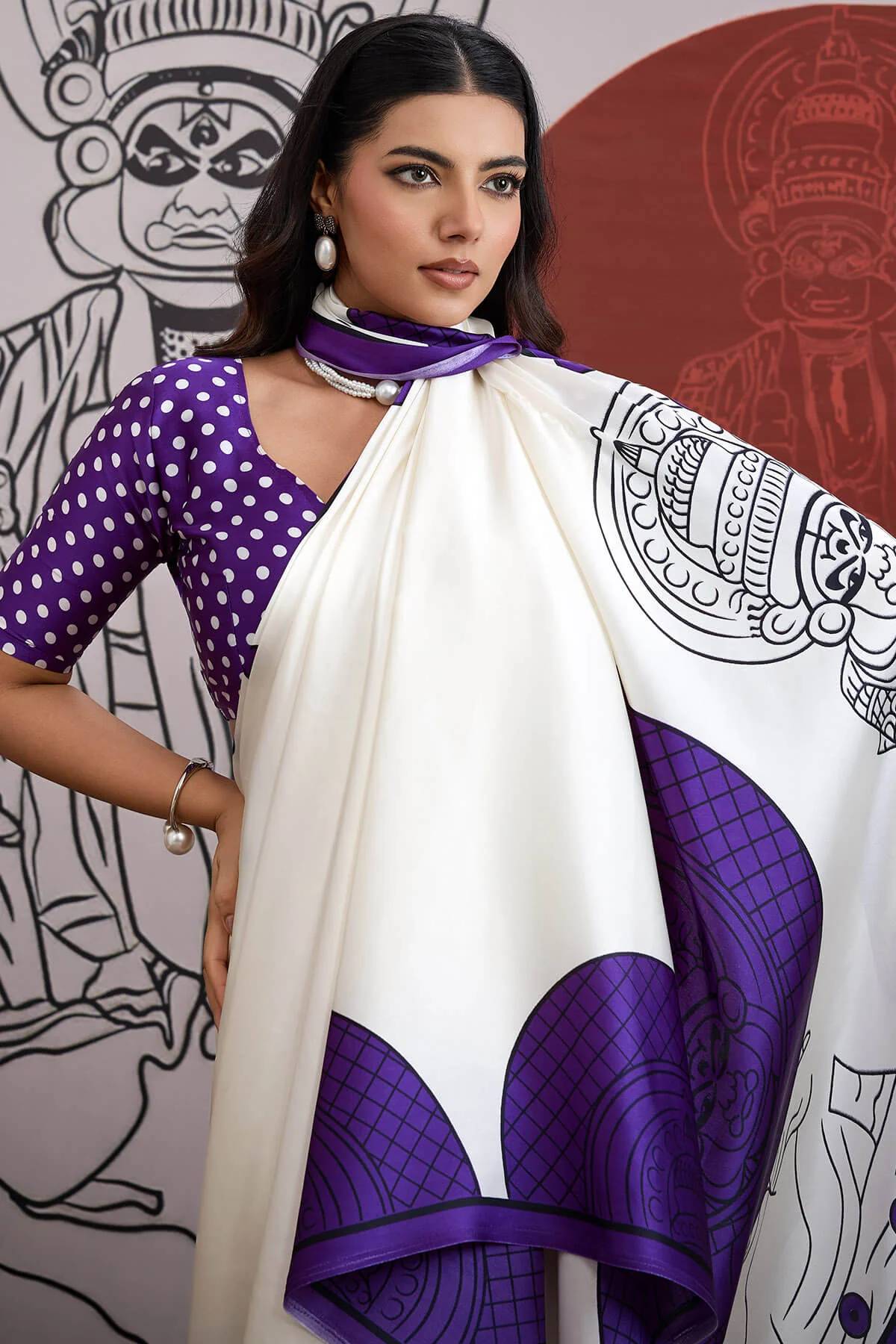 Palimpsest Off White and Purple Ajrakh Printed Satin Silk Saree With Precious Blouse Piece - Image 2
