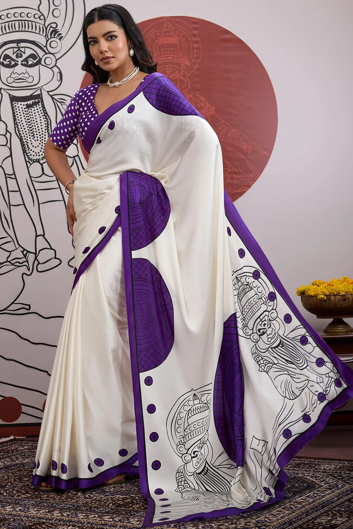Palimpsest Off White and Purple Ajrakh Printed Satin Silk Saree With Precious Blouse Piece - Image 3