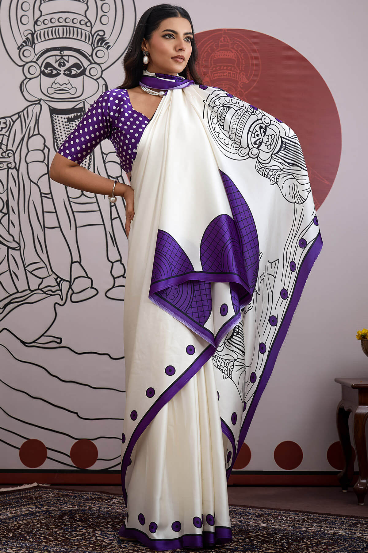 Palimpsest Off White and Purple Ajrakh Printed Satin Silk Saree With Precious Blouse Piece - Image 5