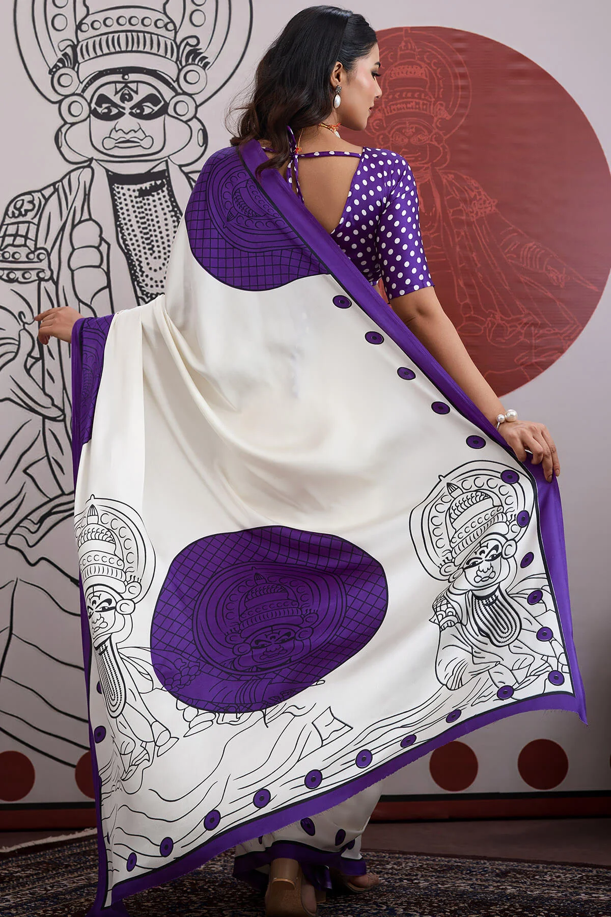 Palimpsest Off White and Purple Ajrakh Printed Satin Silk Saree With Precious Blouse Piece - Image 6