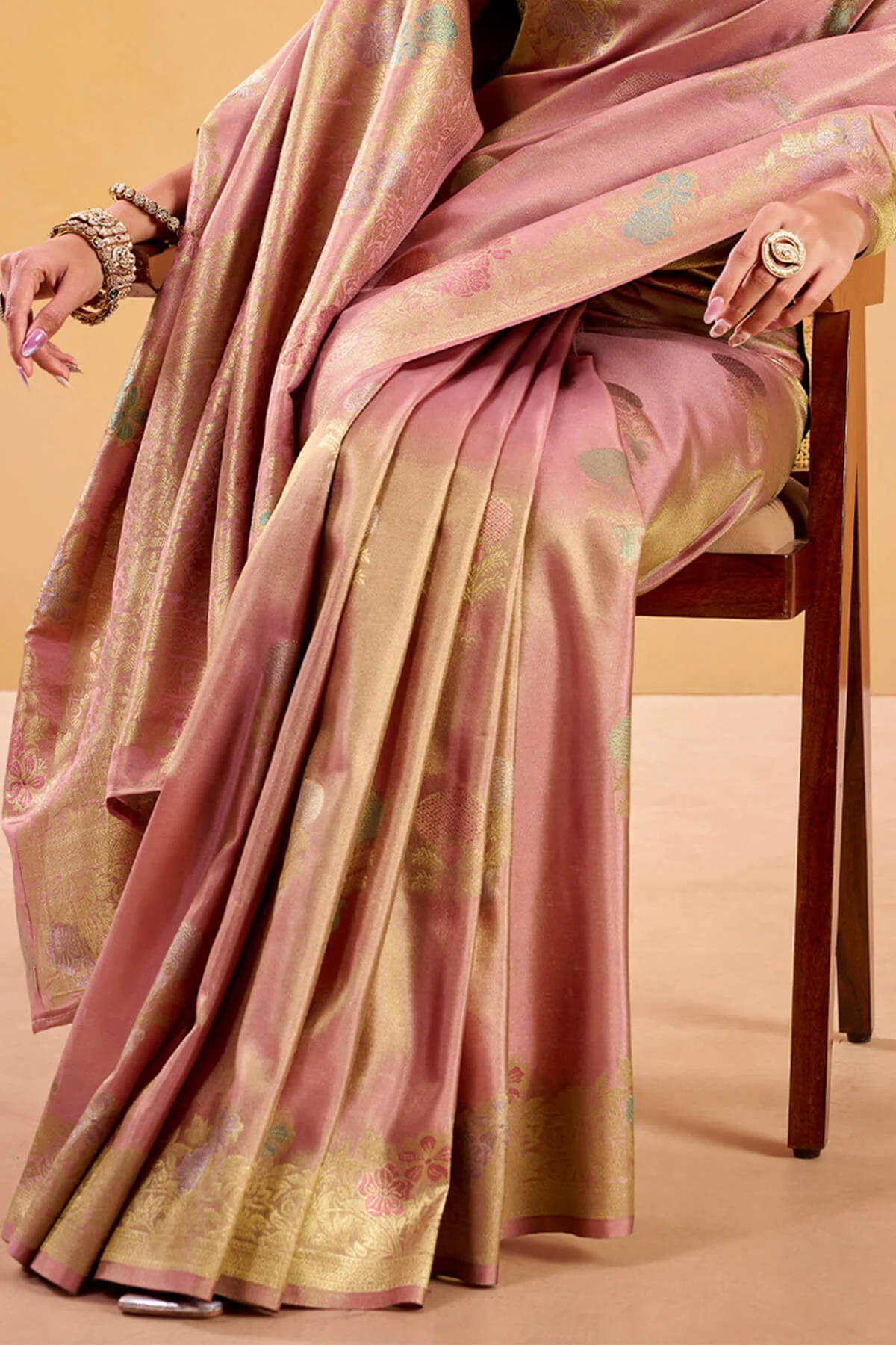 Panache Baby Pink Banarasi Tissue Silk Saree With Beleaguer Blouse Piece - Image 3