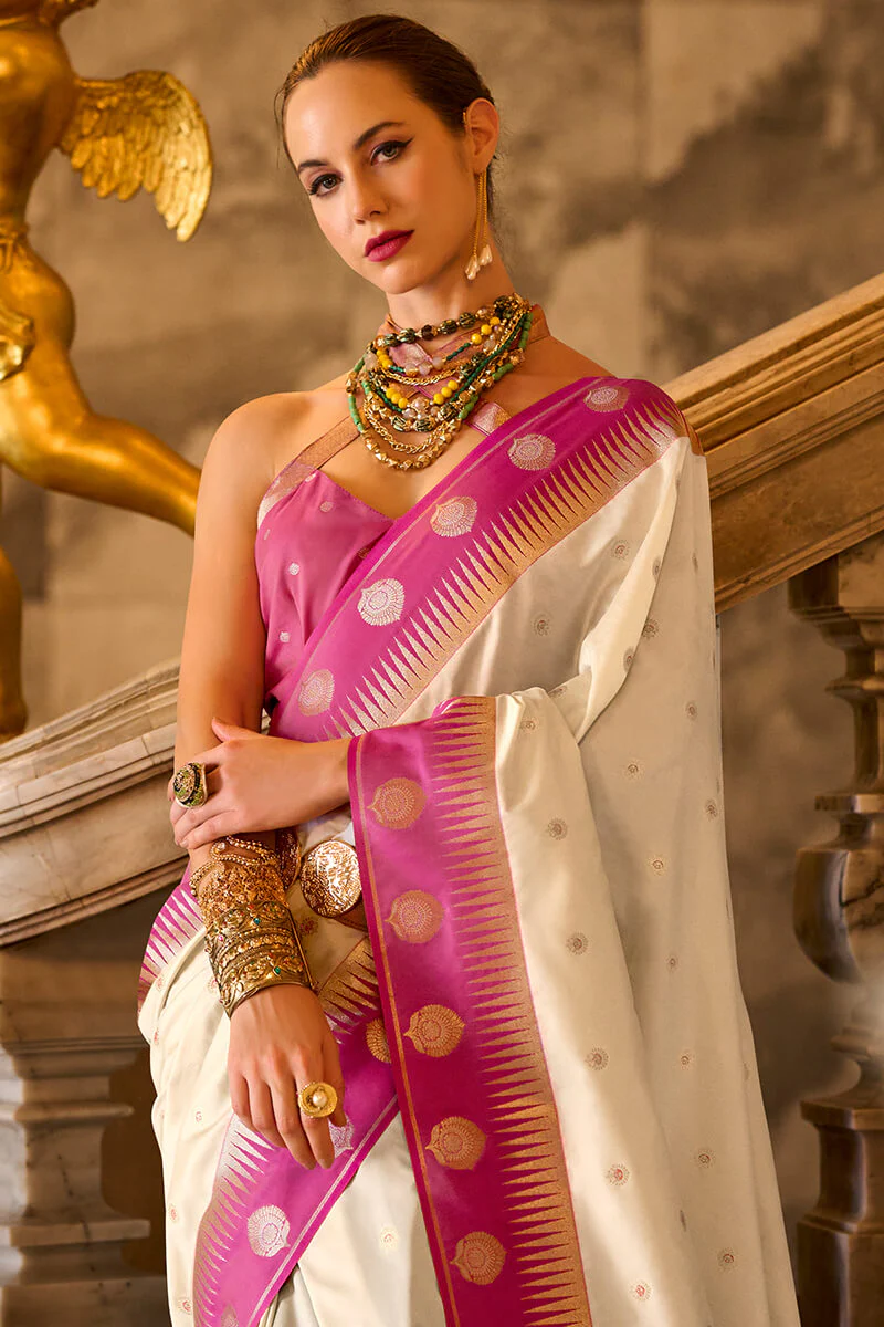 Panache Beige Soft Banarasi Silk Saree With Embellished Blouse Piece - Image 2