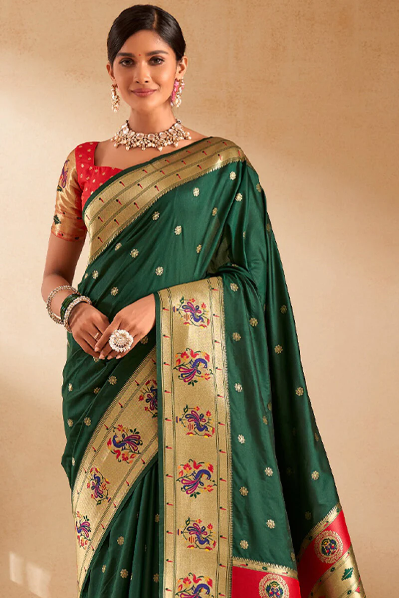Panache Dark Green Paithani Silk Saree With Vestigial Blouse Piece - Image 3
