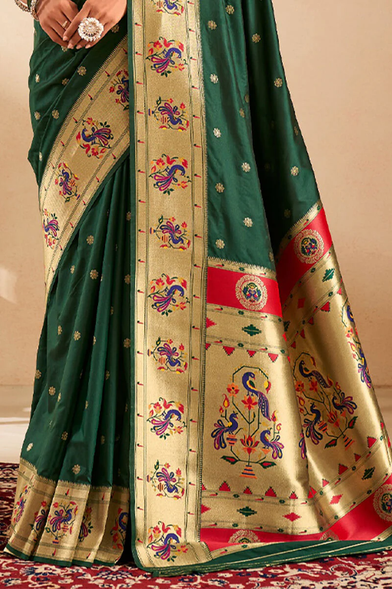 Panache Dark Green Paithani Silk Saree With Vestigial Blouse Piece - Image 4