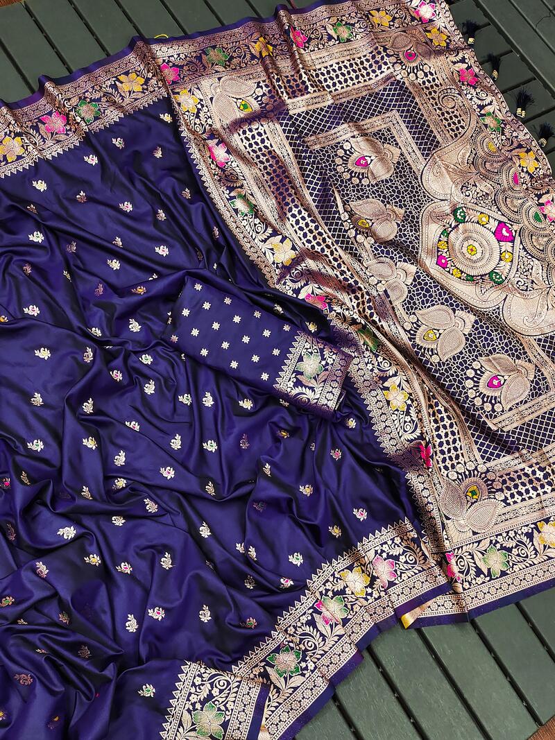 Panache Navy Blue Soft Banarasi Silk Saree With Rhapsodic Blouse Piece - Image 3