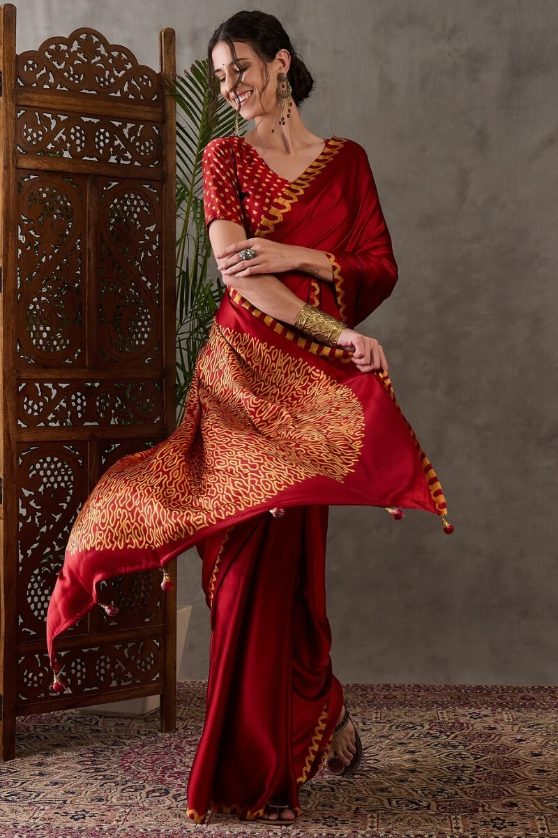 Panache Red Ajrakh Printed Semi Modal Silk Saree With Chatoyant Blouse Piece - Image 3