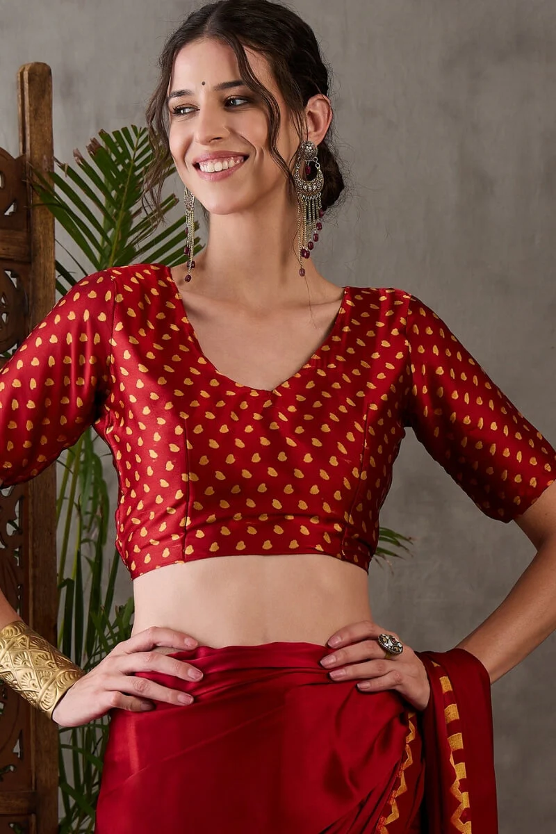 Panache Red Ajrakh Printed Semi Modal Silk Saree With Chatoyant Blouse Piece - Image 4