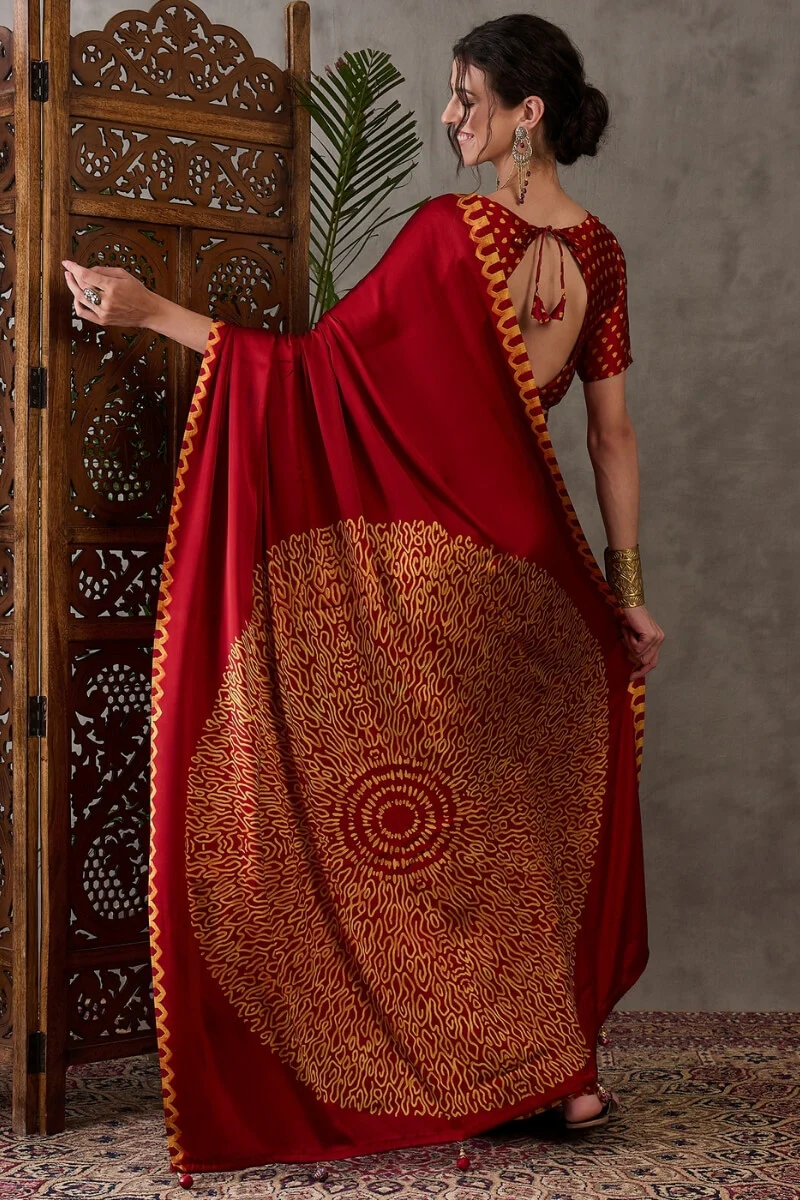 Panache Red Ajrakh Printed Semi Modal Silk Saree With Chatoyant Blouse Piece - Image 7