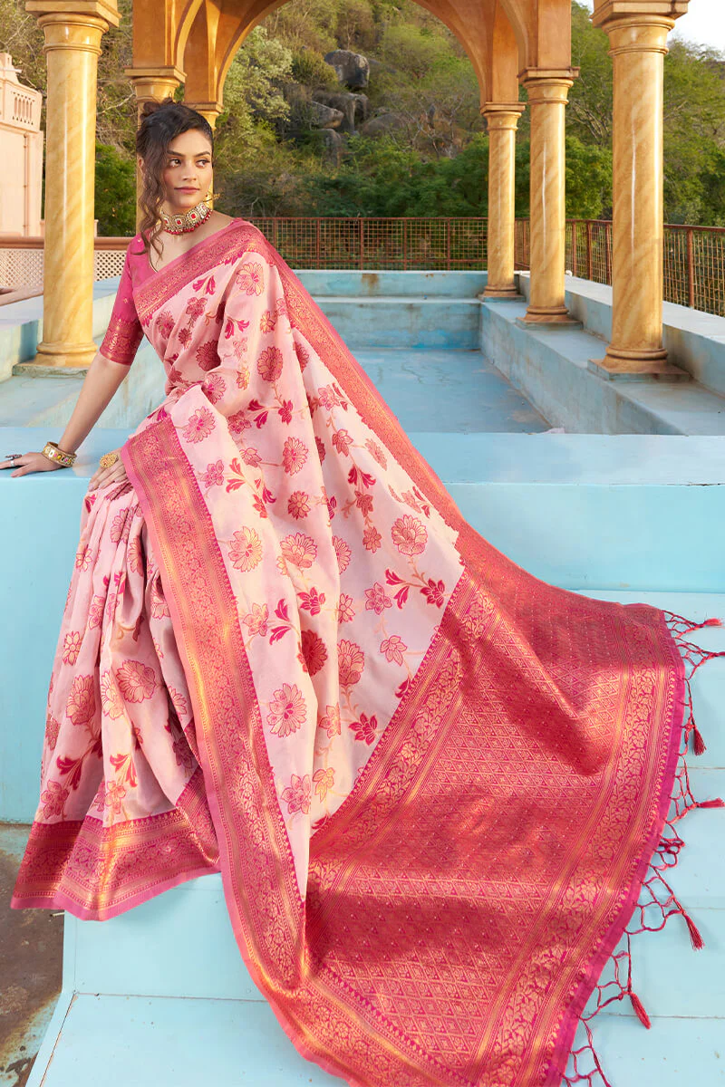 Panoply Baby Pink Organza Silk Saree With Lissome Blouse Piece - Image 7