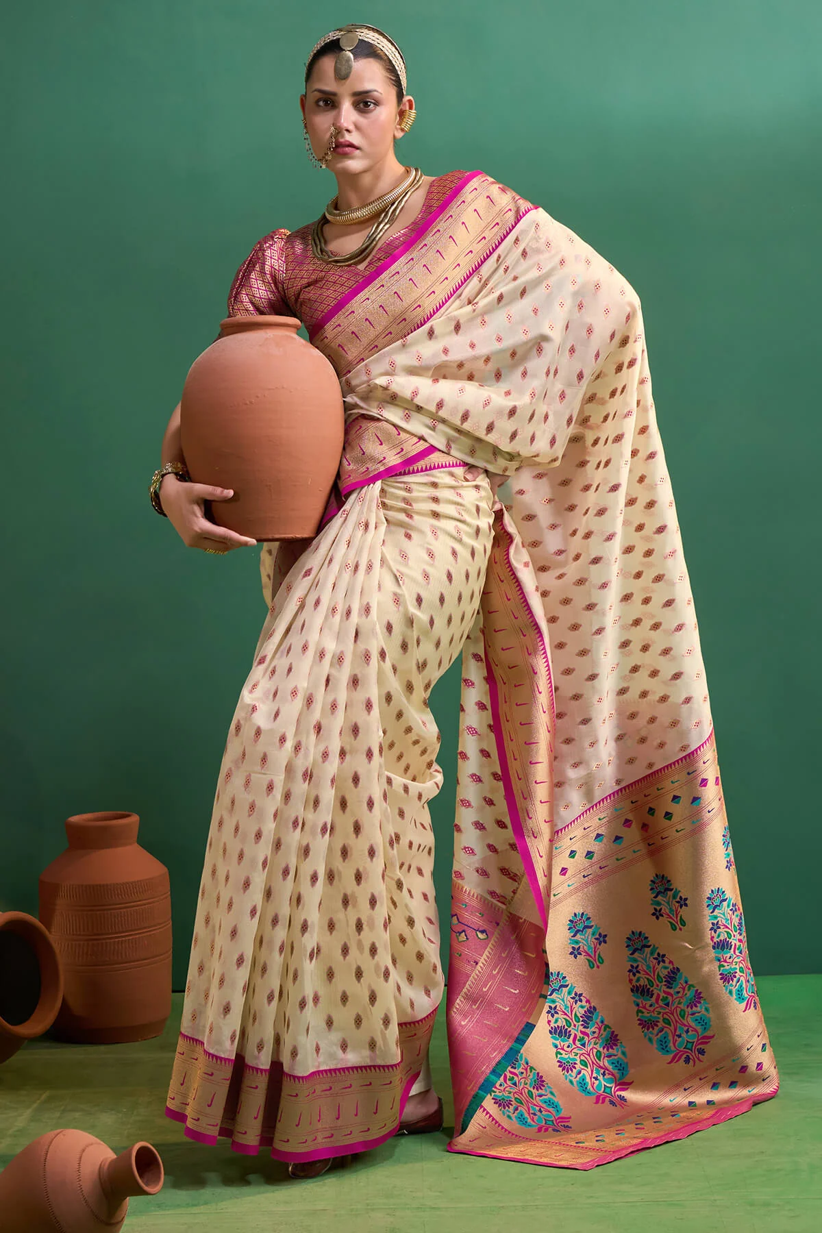 Panoply Beige Organza Paithani Silk Saree With Forbearance Blouse Piece - Image 4