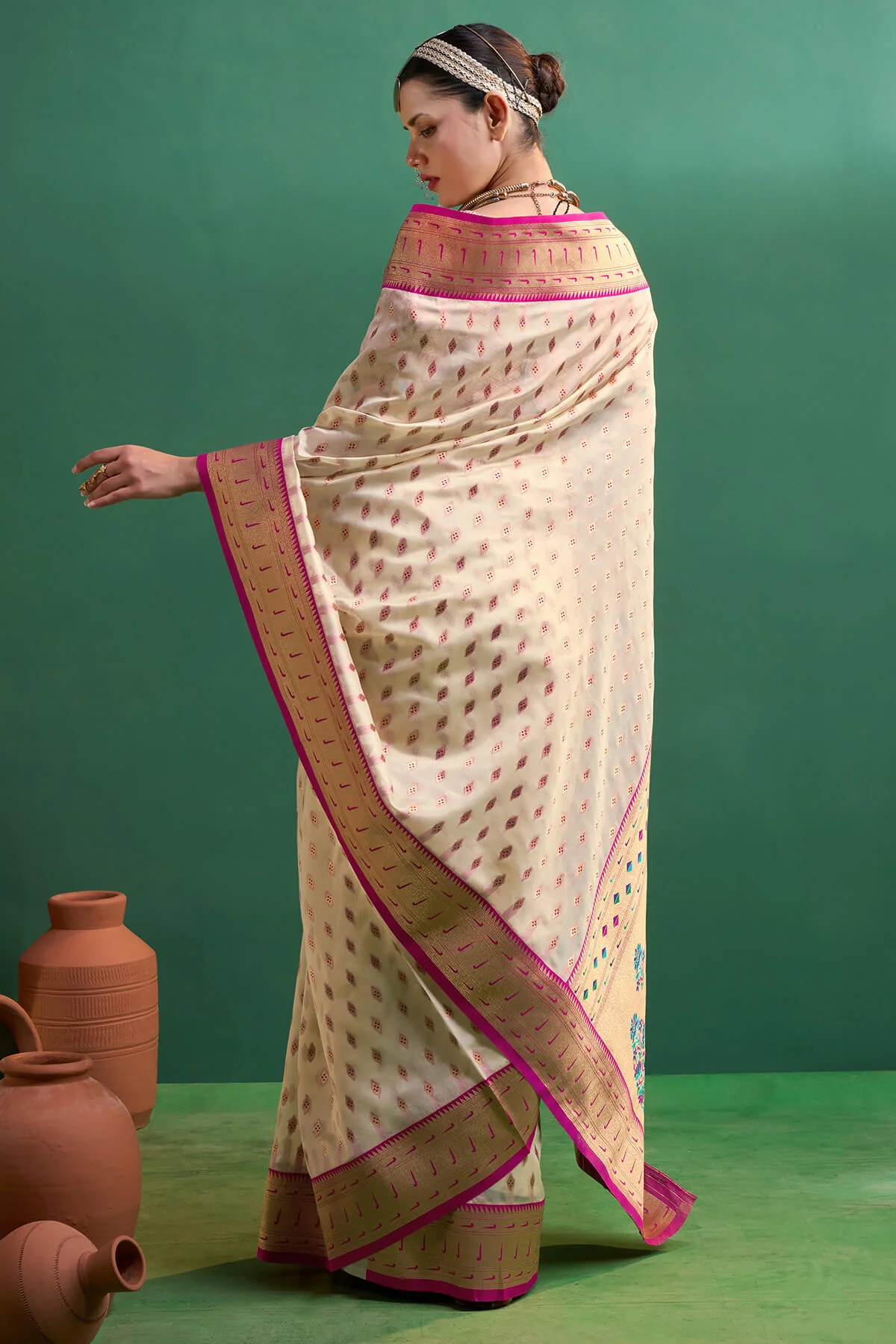 Panoply Beige Organza Paithani Silk Saree With Forbearance Blouse Piece - Image 6