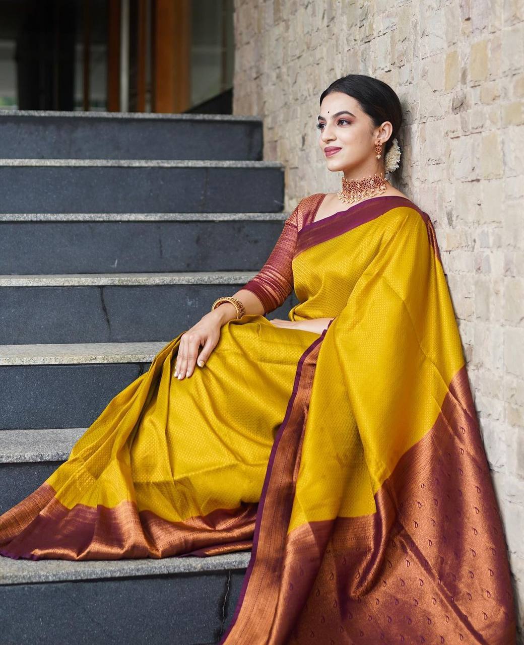 Panoply Golden Soft Silk Saree with Propinquity Blouse Piece - Image 6