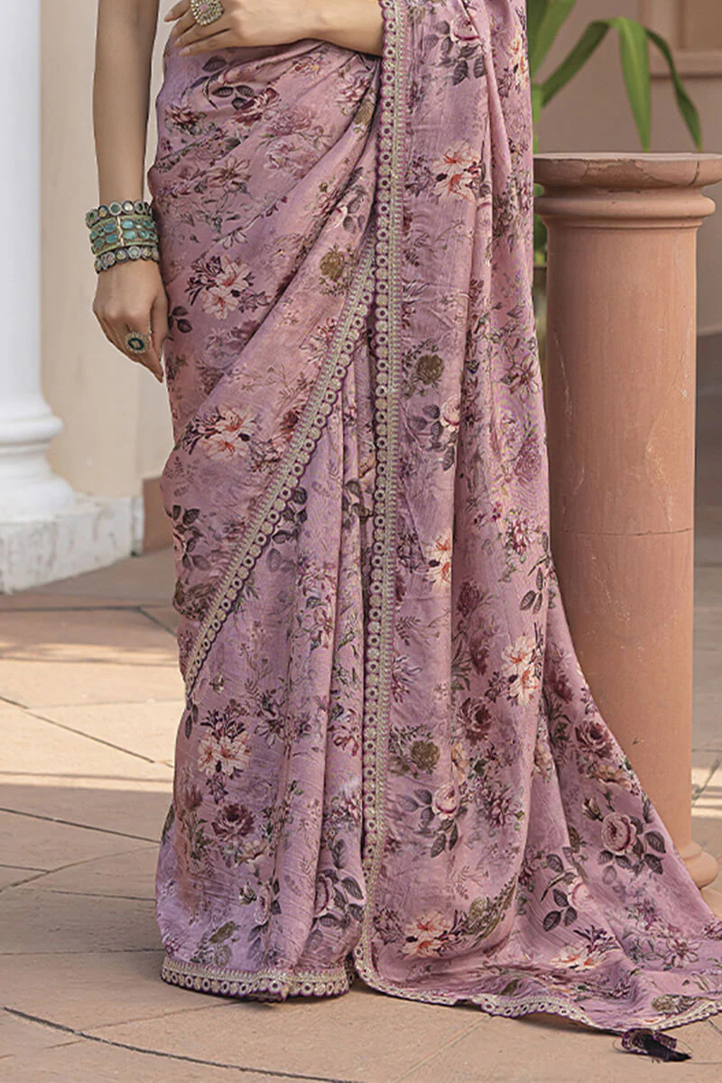 Panoply Lavender Printed Pure Viscose Dola Silk Saree With Magnificat Blouse Piece - Image 3