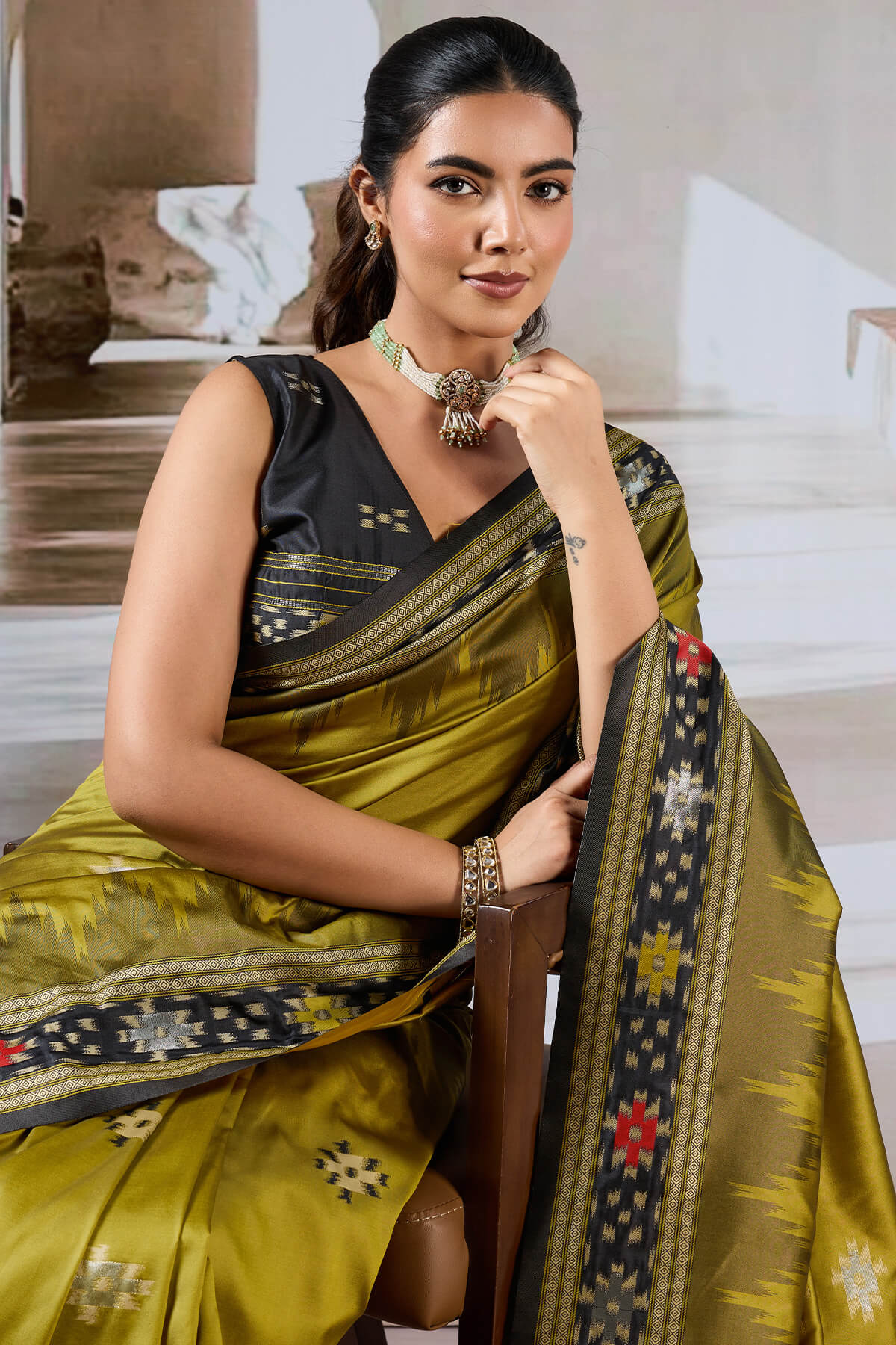 Panoply Mustard Patola Silk Saree with Elegant Blouse Piece - Image 2