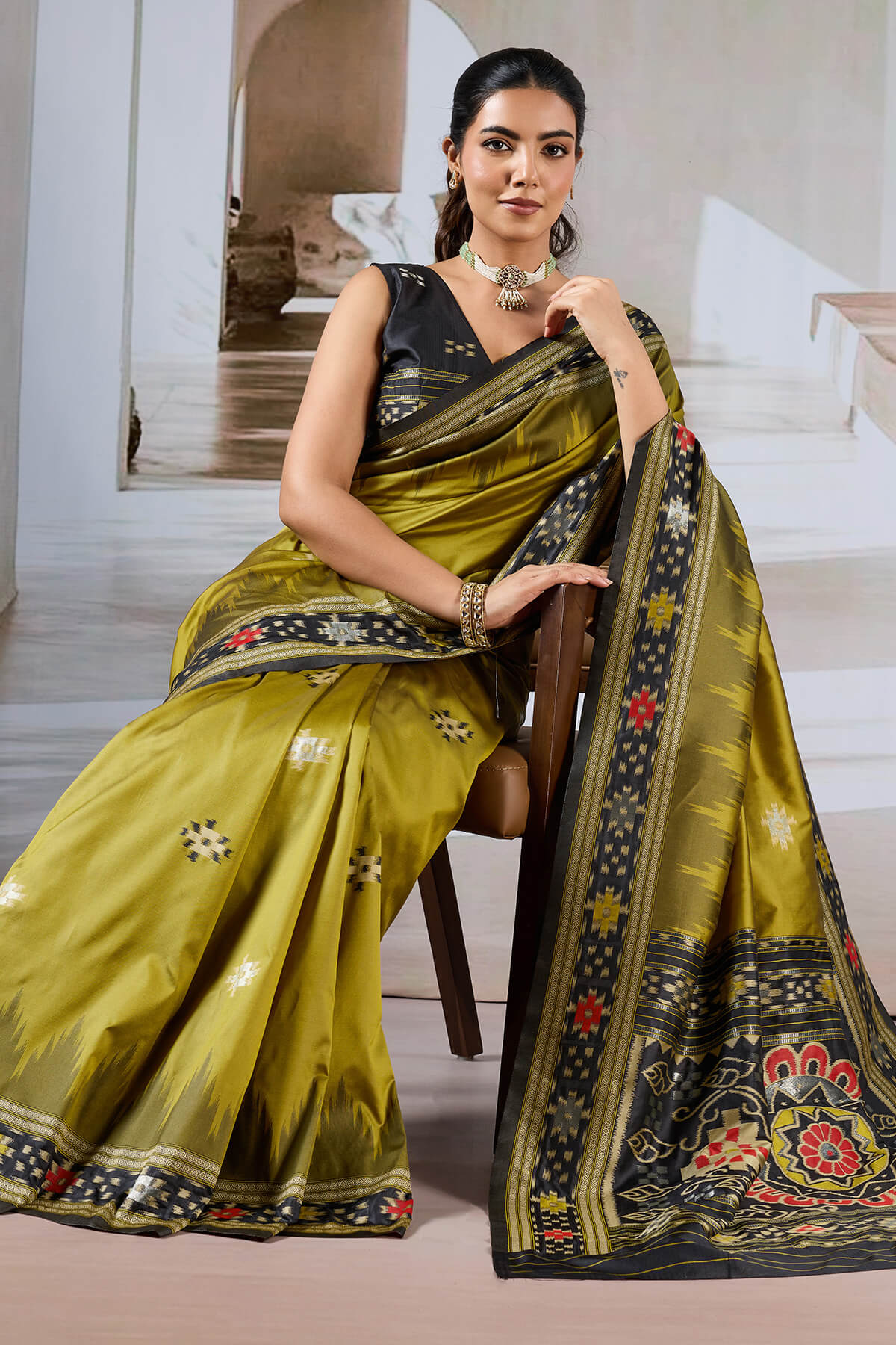 Panoply Mustard Patola Silk Saree with Elegant Blouse Piece - Image 4