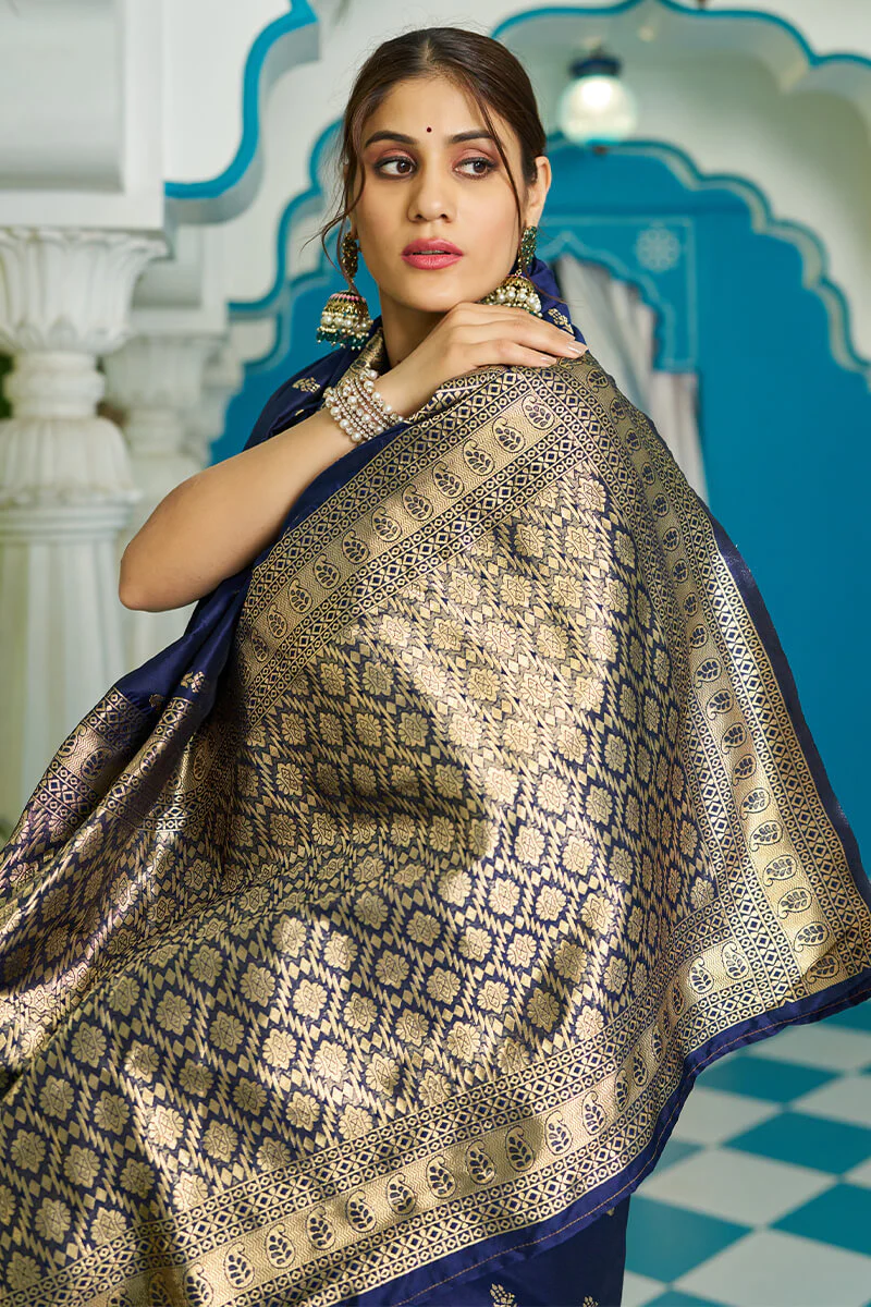 Panoply Navy Blue Banarasi Silk Saree With Staggering Blouse Piece - Image 5