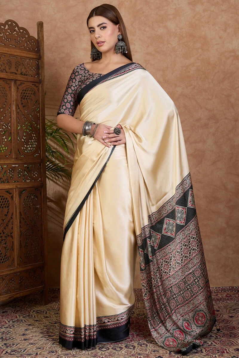 Panoply Off White Ajrakh Printed Semi Modal Silk Saree With Refreshing Blouse Piece - Image 3