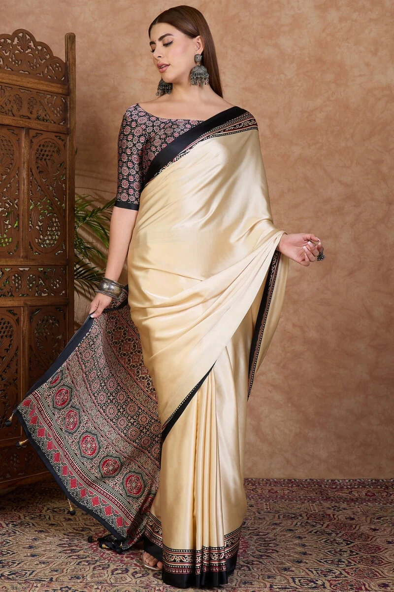 Panoply Off White Ajrakh Printed Semi Modal Silk Saree With Refreshing Blouse Piece - Image 4