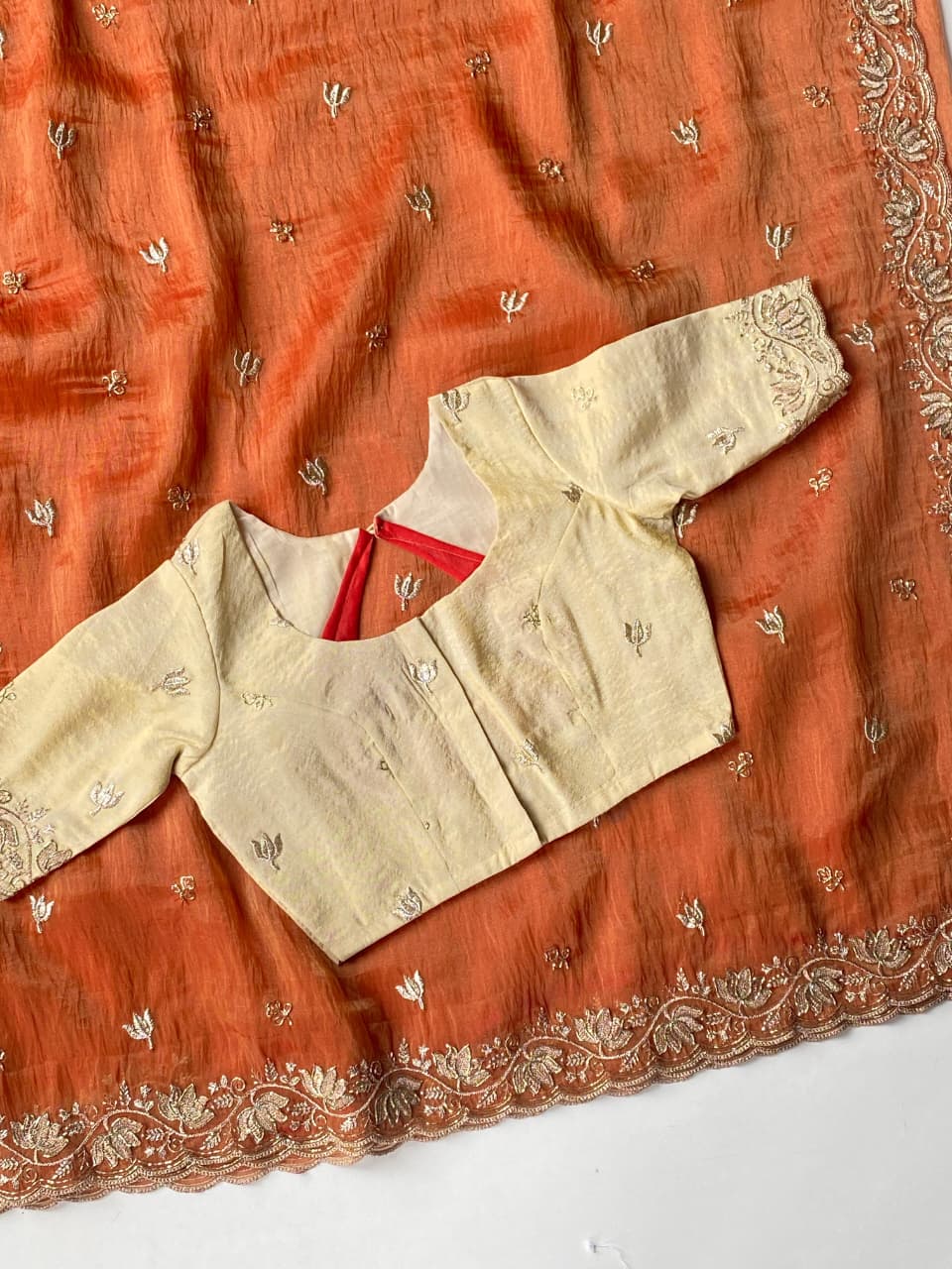 Panoply Orange Handwork Tissue Silk Saree With Outstanding Blouse Piece - Image 3