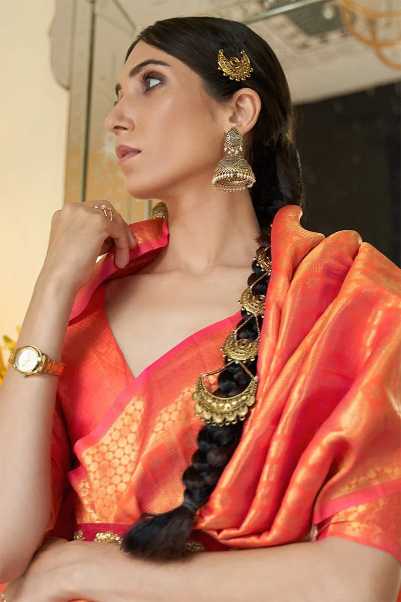 Panoply Orange Kanjivaram Silk Saree with Luxuriant Blouse Piece - Image 2