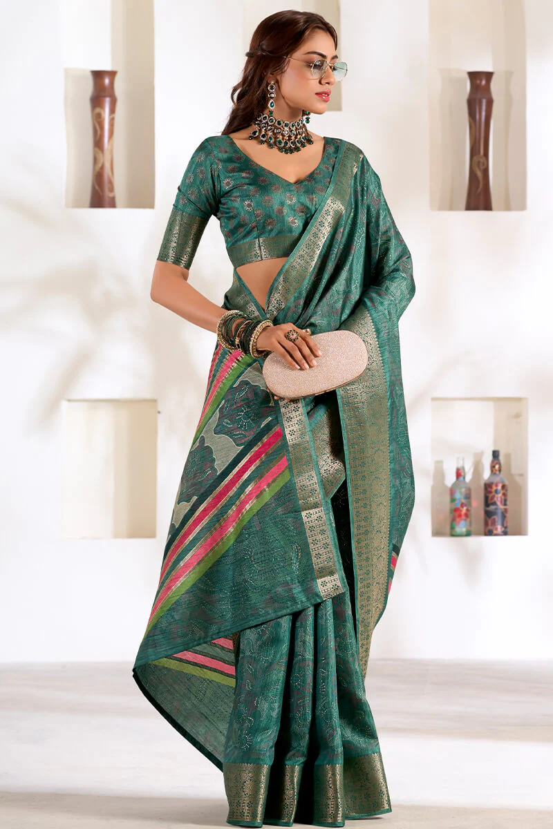 Panoply Rama Digital Printed Dola Silk Saree With Chatoyant Blouse Piece - Image 3