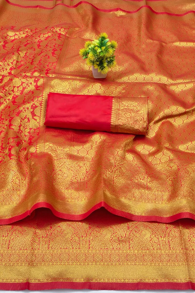Panoply Red Pure Zari Weaving Banarasi Silk Saree With Embrocation Blouse Piece - Image 3